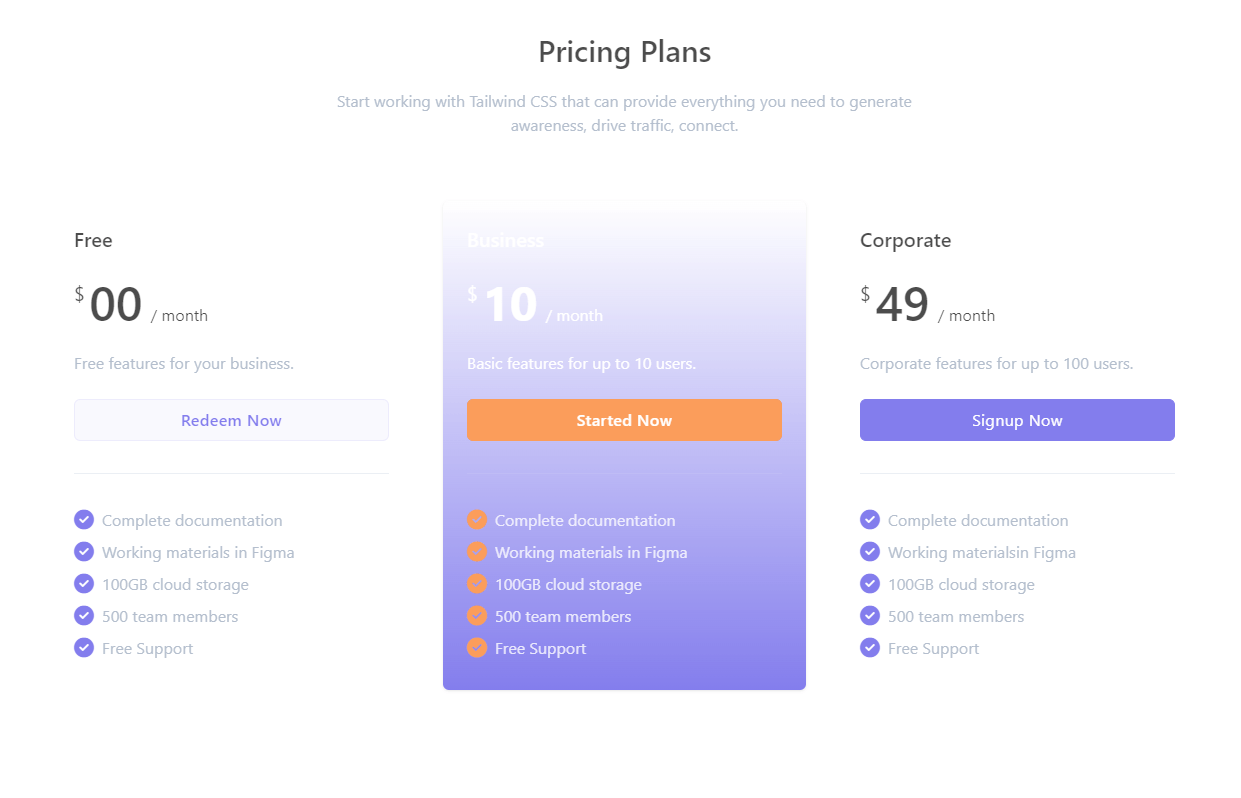 Html and tailwind css pricing page component with gradient backgrounds